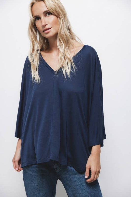 Maglietta oversize in lyocell con scollo a V e maniche 3/4