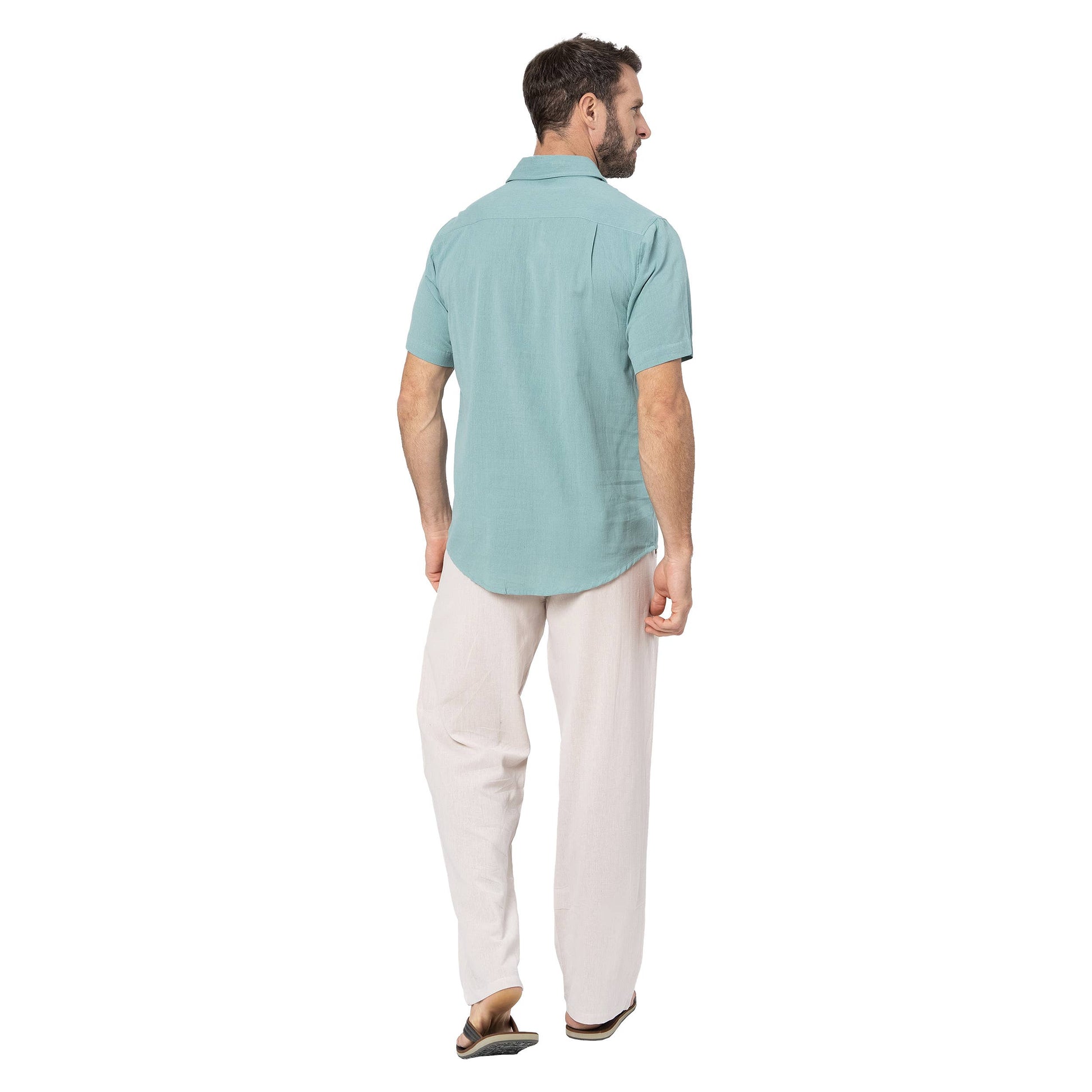 Camicia estiva uomo in lino e cotone turchese a maniche corte