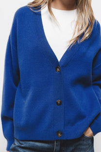Cardigan in maglia blu con scollo a V