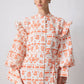 Abito maxi floreale arancione in misto lino con maniche a volant