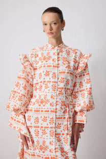 Abito maxi floreale arancione in misto lino con maniche a volant
