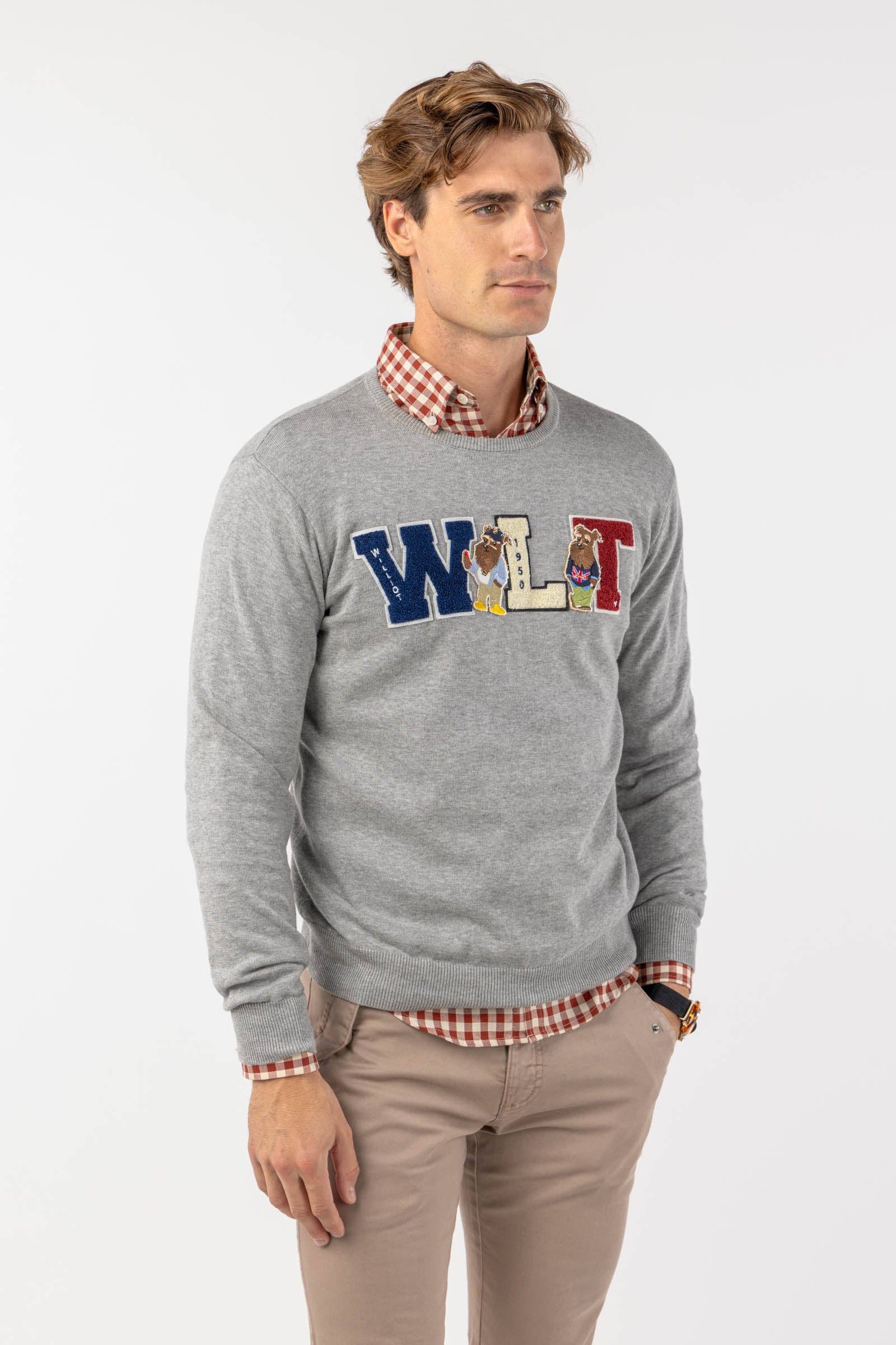 Maglia girocollo grigia con patch ricamate