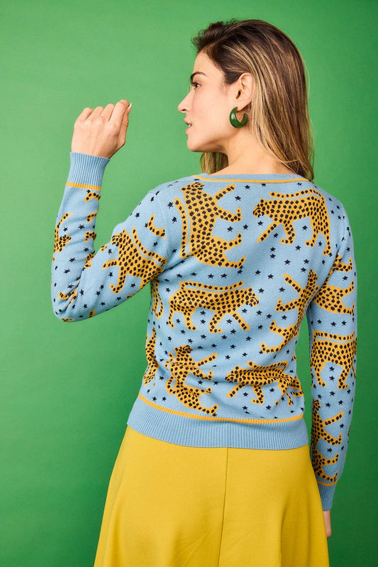 Cardigan blu con stampa leopardata