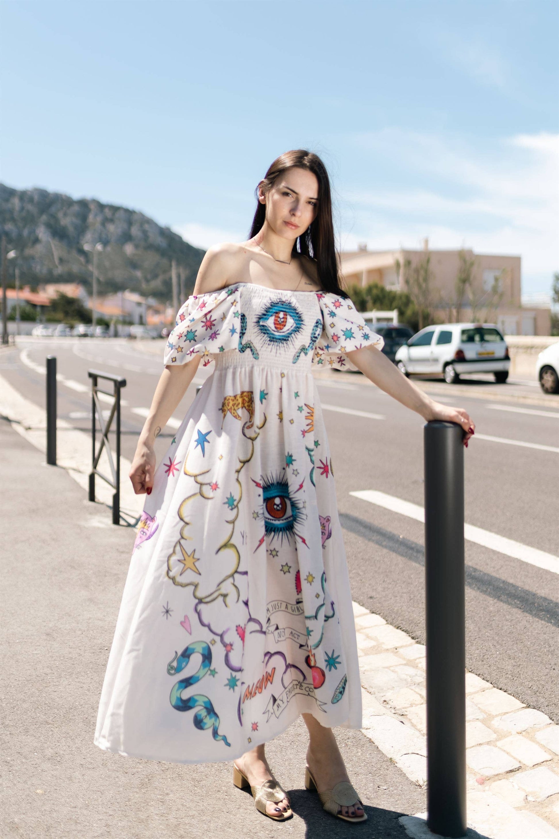 Abito lungo boho stampato con maniche a palloncino