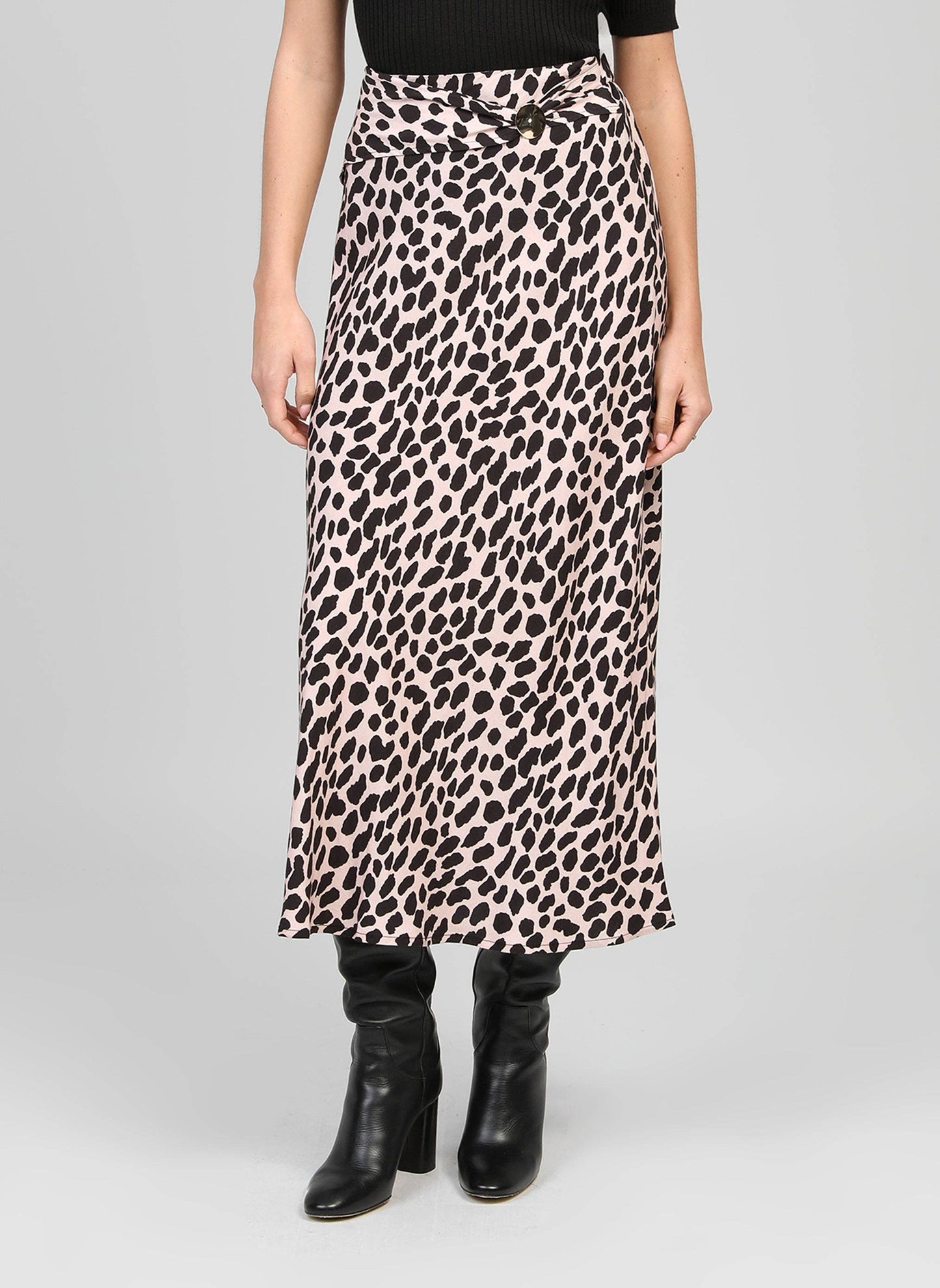 Gonna lunga animalier beige con bottoni dorati