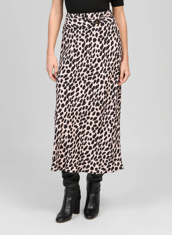 Gonna lunga animalier beige con bottoni dorati
