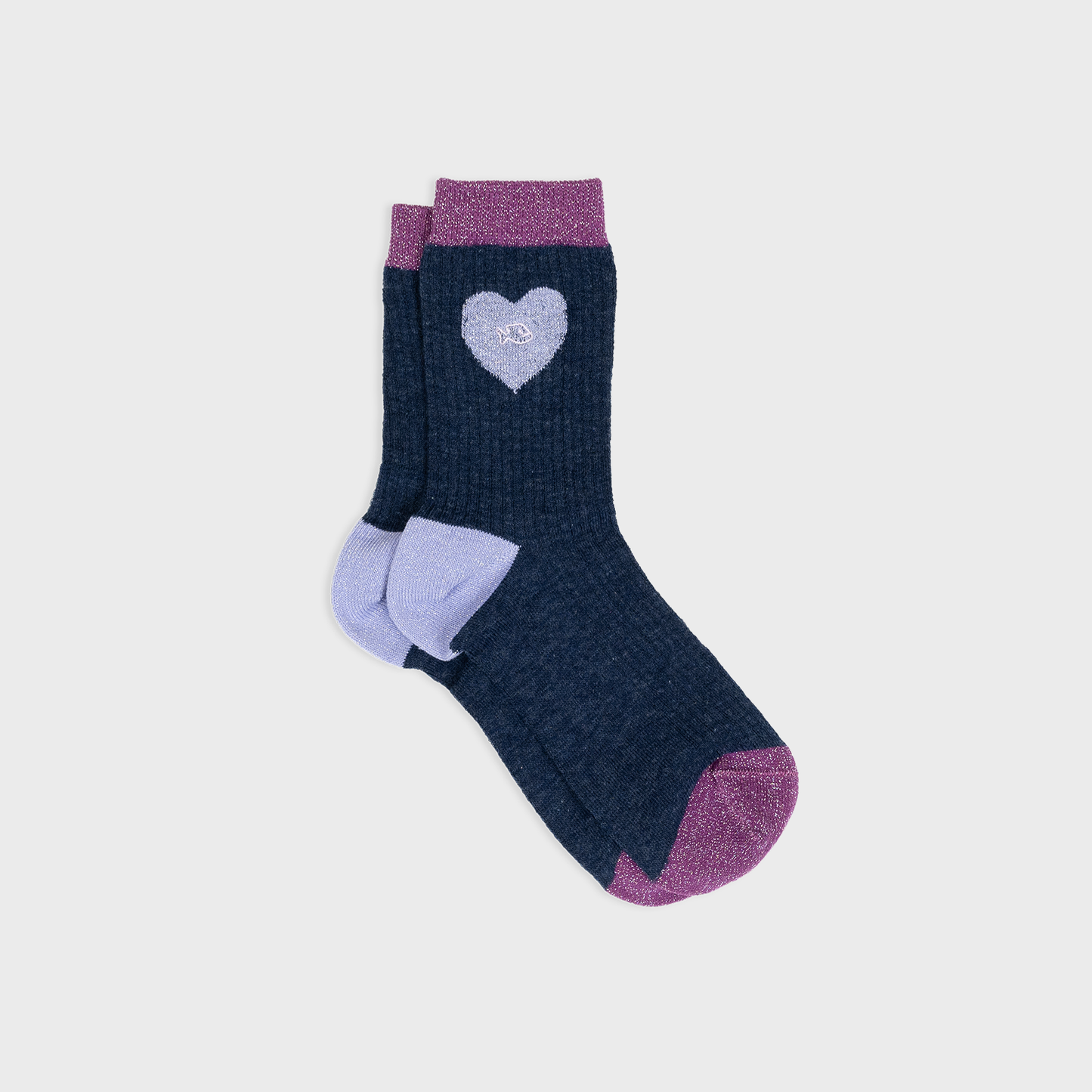 Calzini in cotone con cuore glitterato blu navy e lilla