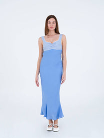Abito midi azzurro con corpetto vichy