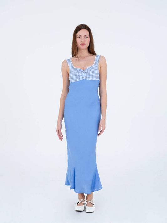 Abito midi azzurro con corpetto vichy