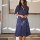 Abito midi in lino blu con scollo a V