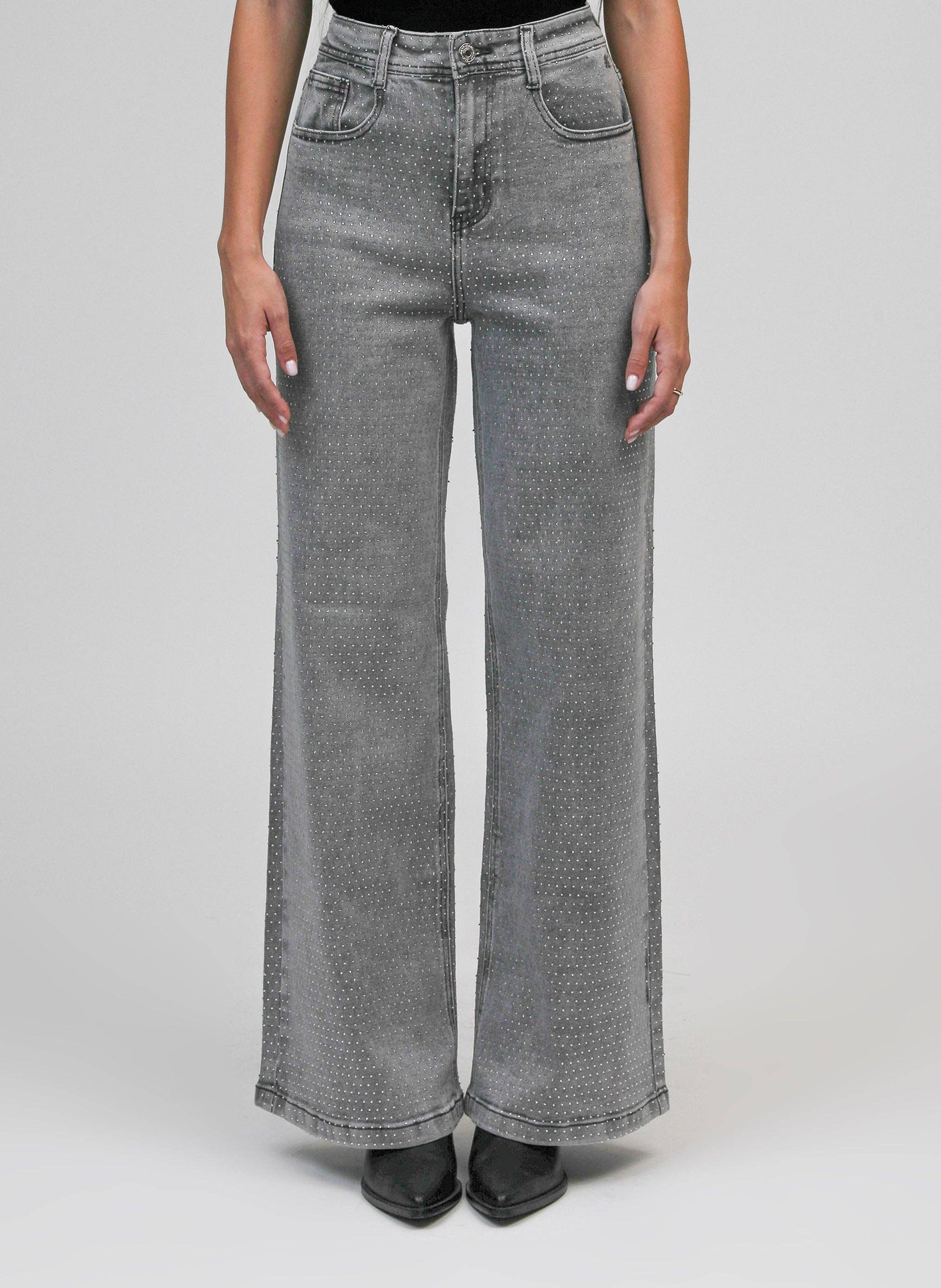 Jeans grigi con paillettes a vita alta