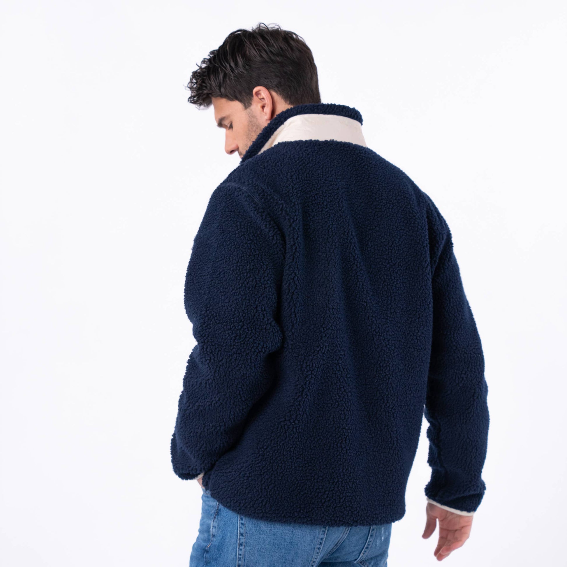Giacca sherpa unisex con zip bicolore blu navy e verde