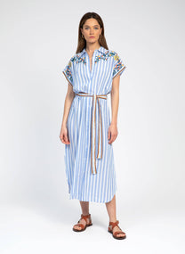 Abito chemisier midi a righe blu con ricami