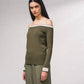 Maglione off-shoulder in lurex con profili a contrasto
