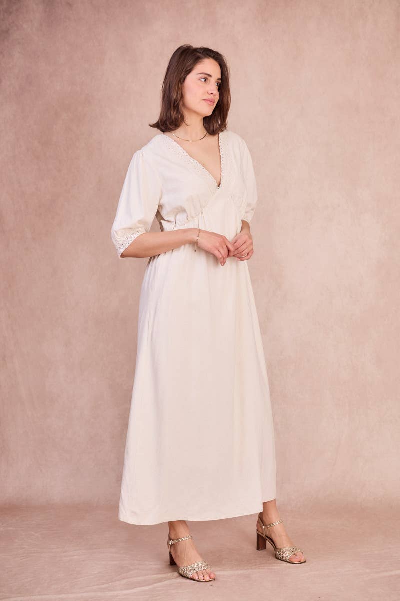 Abito midi con scollo a V e bordi in pizzo