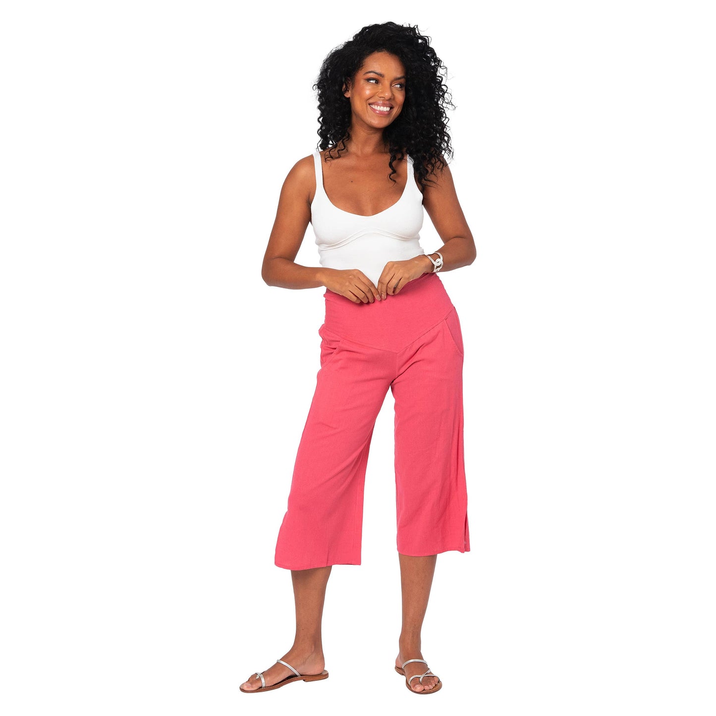 Pantaloni culotte estivi in cotone e lino rosa