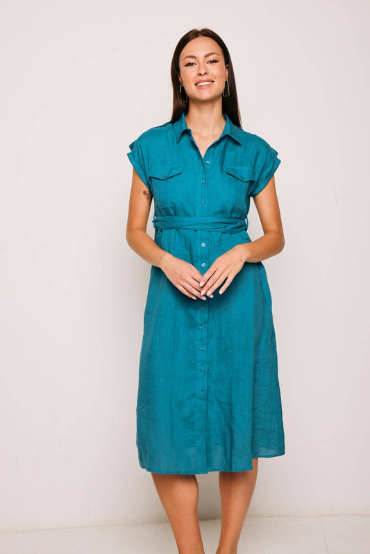 Abito chemisier lungo in lino blu