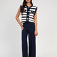 Cardigan smanicato a righe blu navy