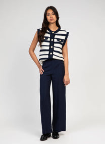 Cardigan smanicato a righe blu navy