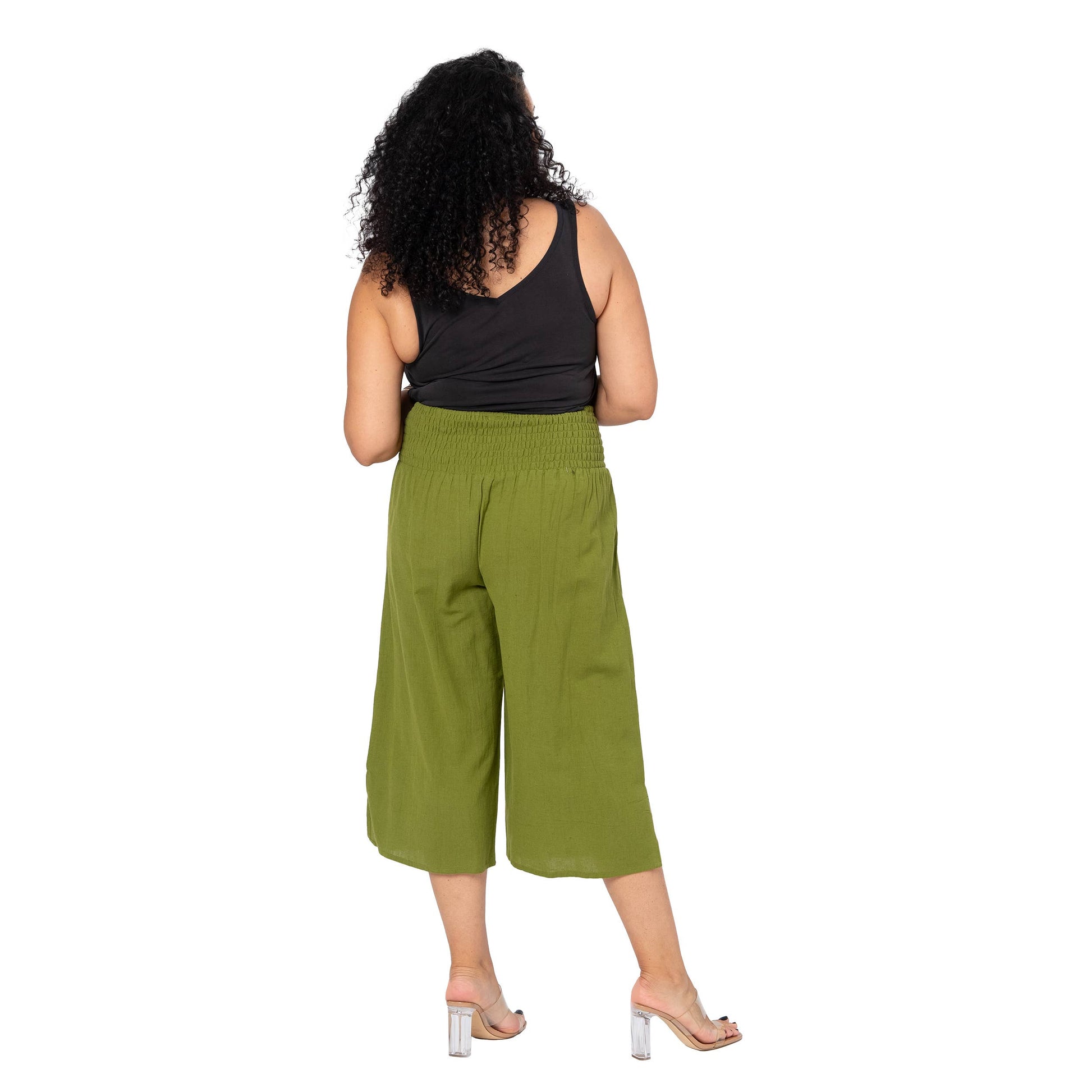 Pantaloni culotte estivi in lino plus size verdi da donna