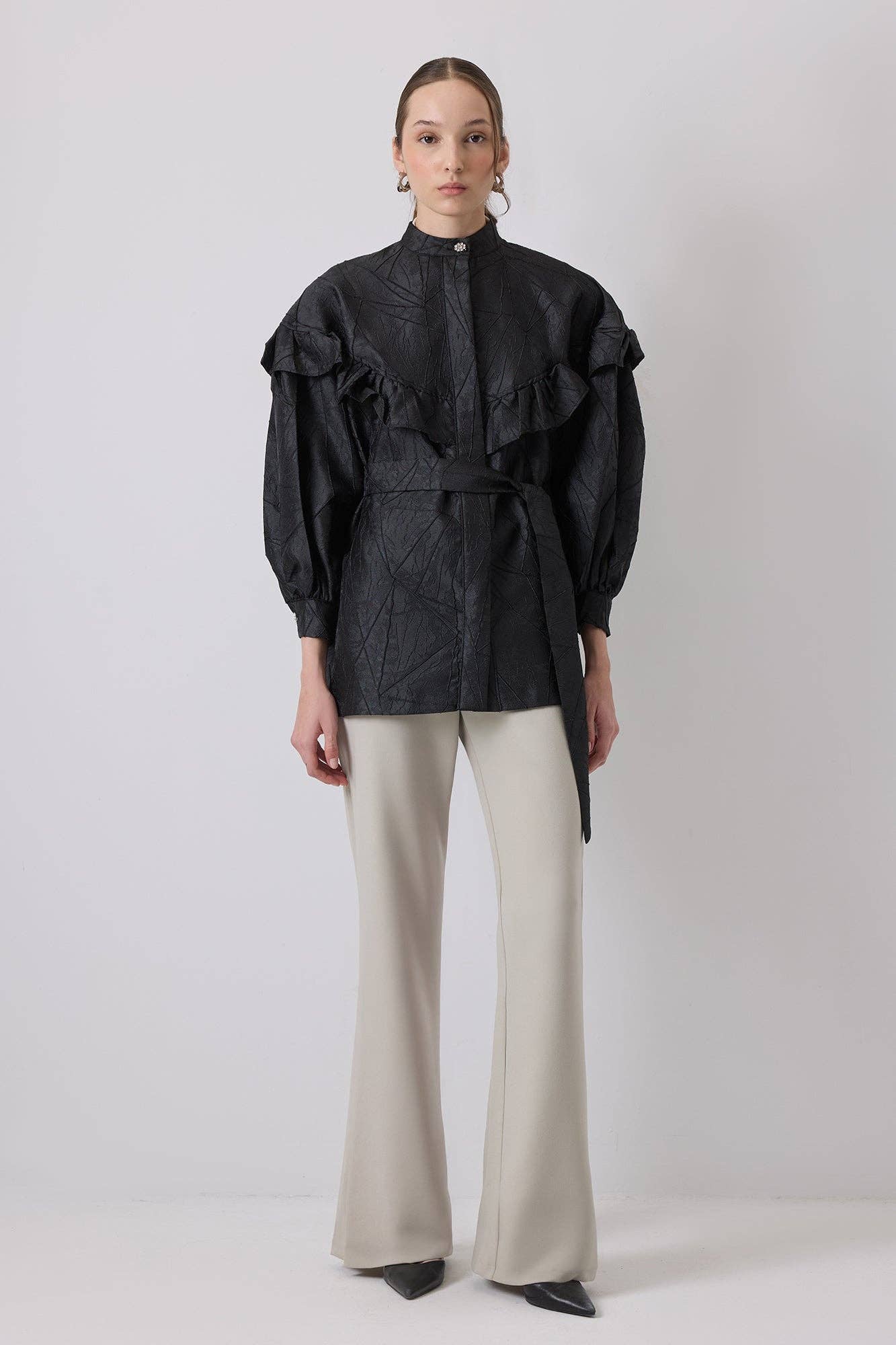 Giacca jacquard oversize con volant