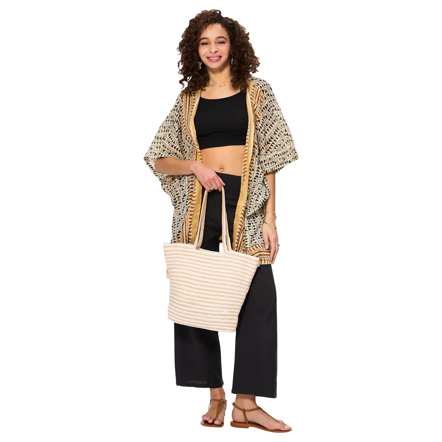 Kimono estivo boho a mezza lunghezza in cotone con maniche corte