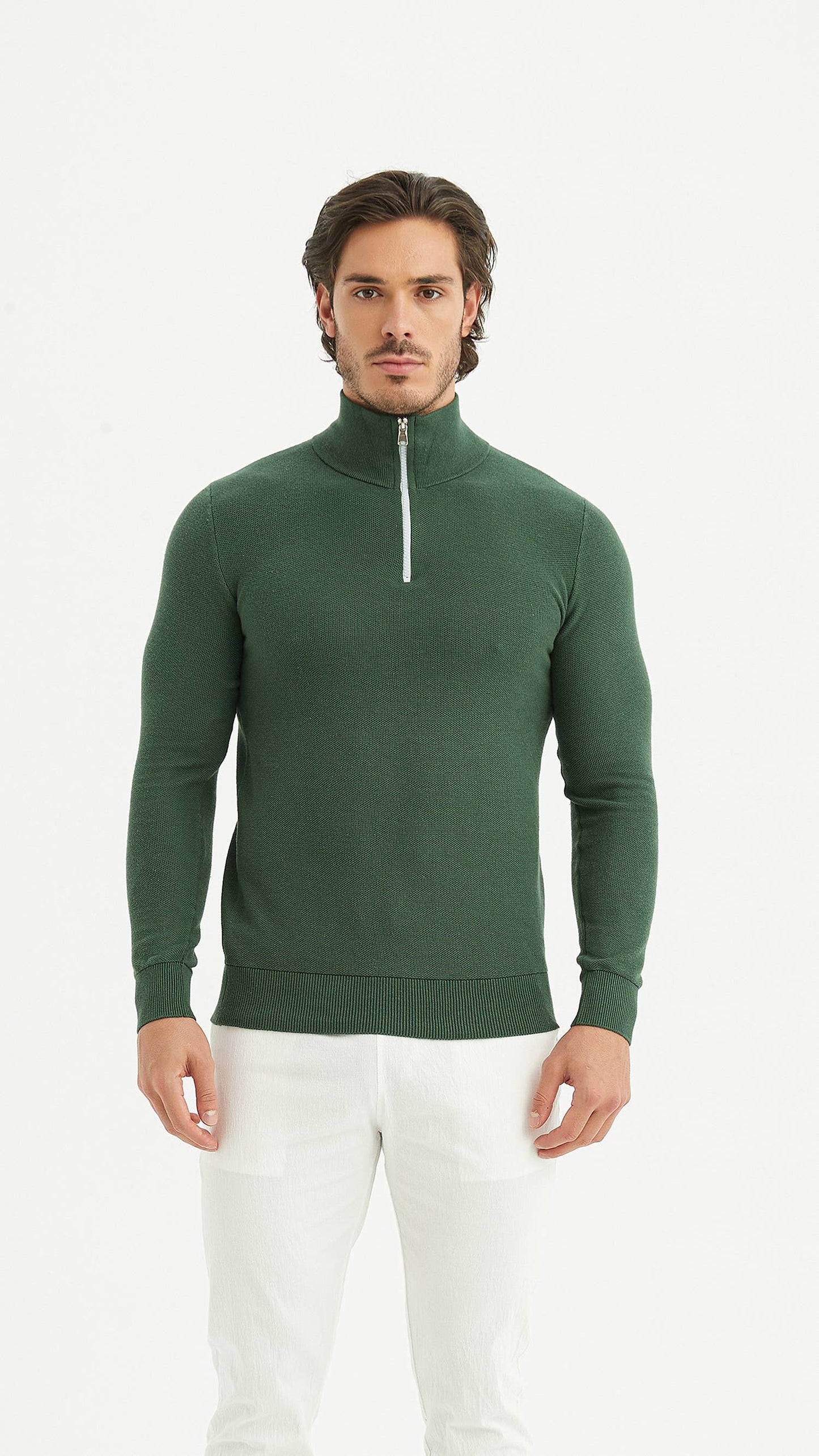 Felpa uomo in cotone a nido d’ape con mezza zip verde menta