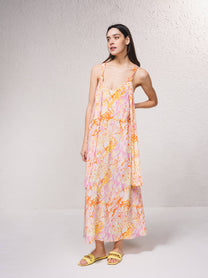 Vestito lungo fluido con scollo a V e stampa astratta