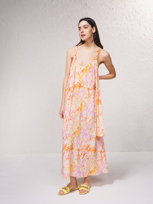 Vestito lungo fluido con scollo a V e stampa astratta