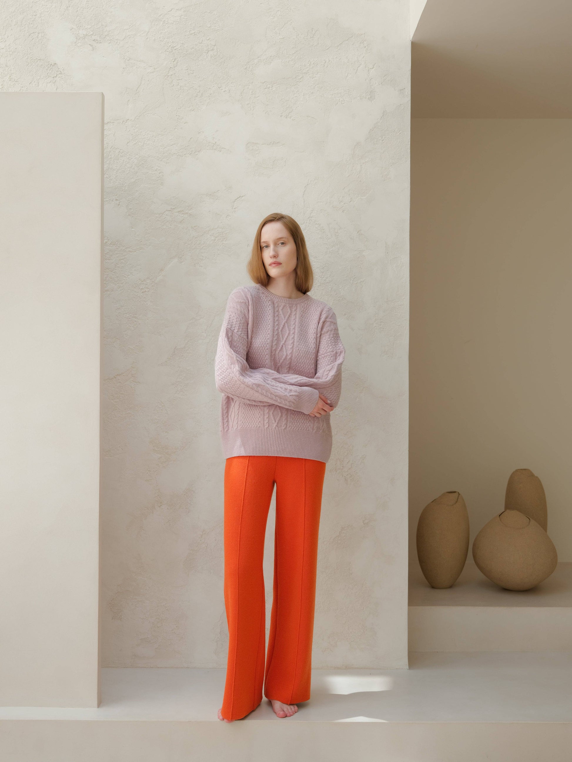 Maglione girocollo a coste da pescatore in misto cashmere