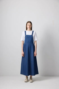 Abito maxi salopette plissé effetto denim