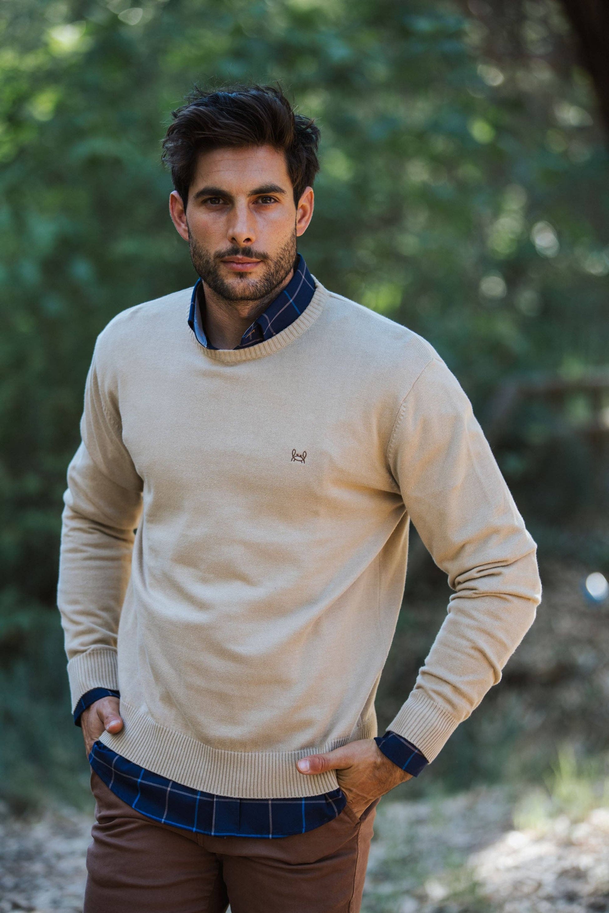 Maglione girocollo spesso sfumato beige da uomo