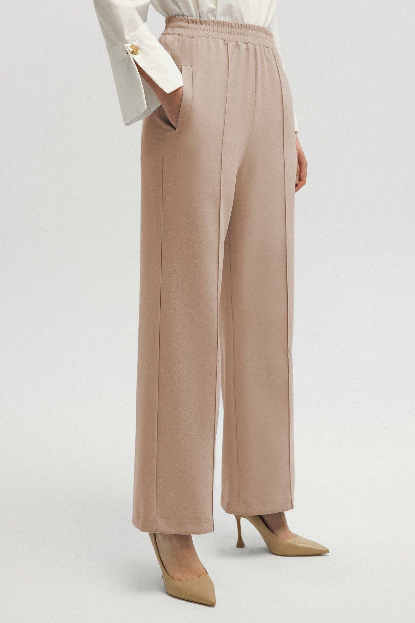 Pantaloni a vita alta in crêpe elasticizzato morbido