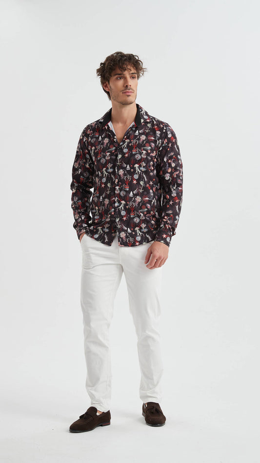 Camicia stretch aderente con stampa marina nera