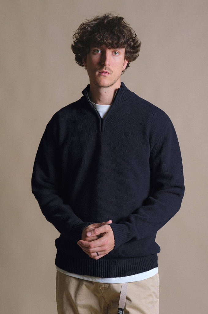 Maglione uomo in lana jacquard con zip a un quarto blu oceano
