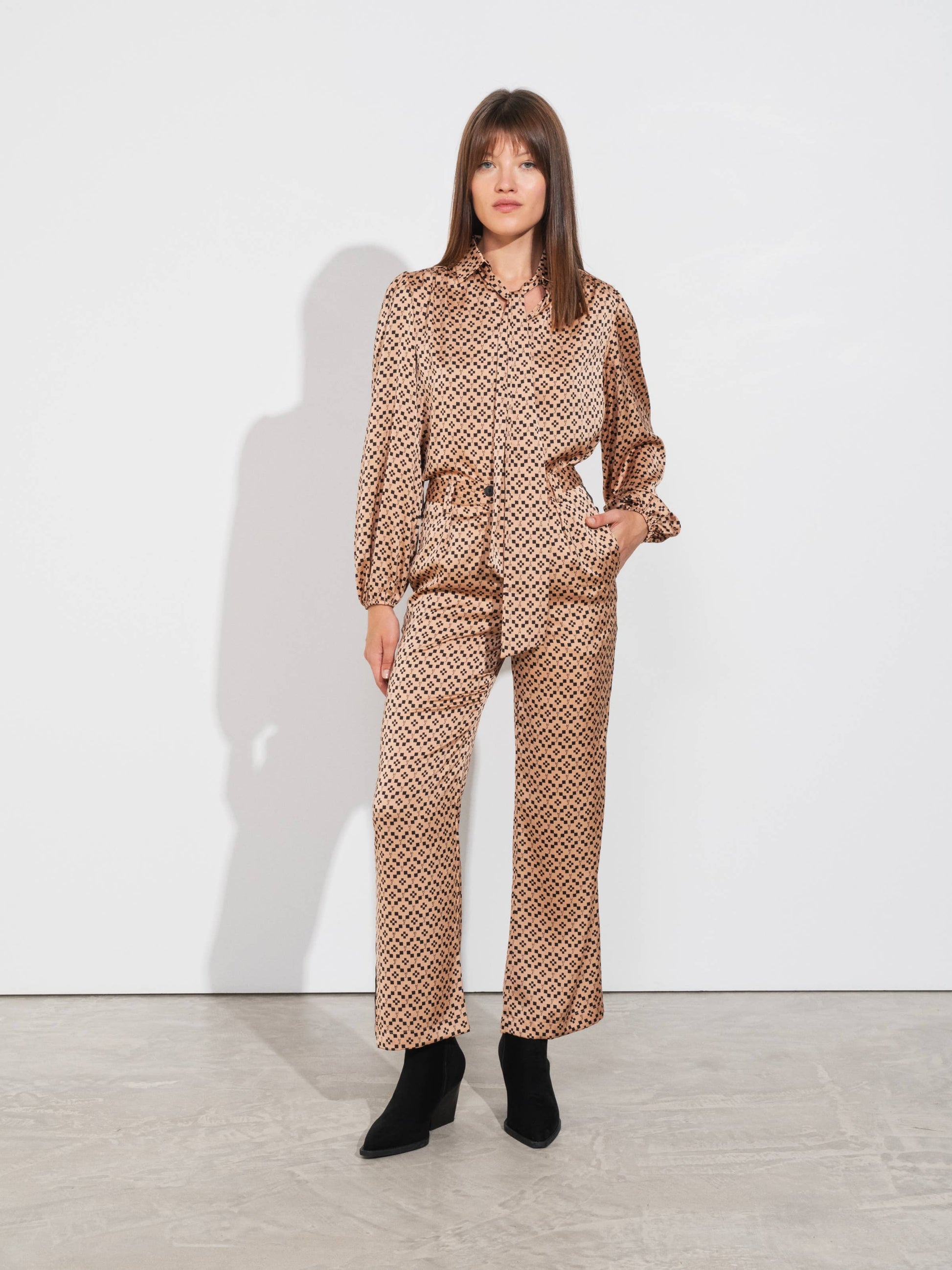 Pantaloni palazzo a fantasia cammello da donna