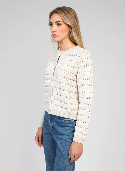 Cardigan in maglia traforata écru con bottoni dorati