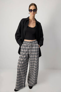 Pantaloni palazzo a quadri con vita elasticizzata in misto viscosa