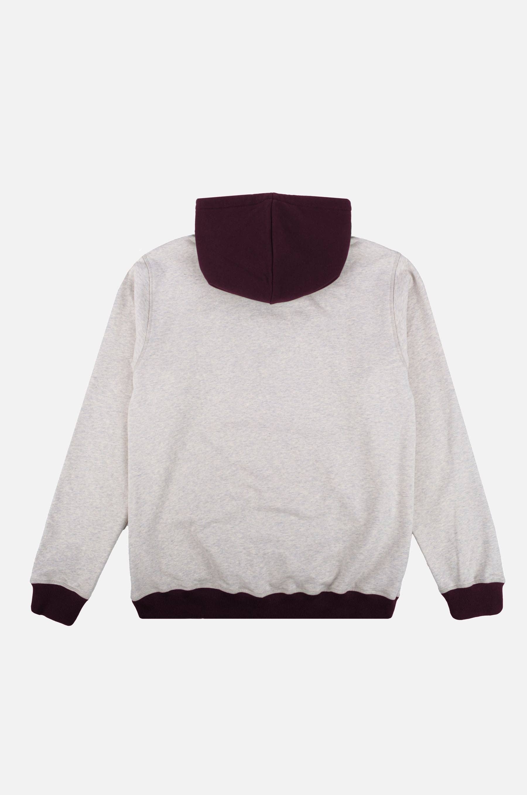 Felpa oversize con cappuccio calda bicolor grigio mélange e bordeaux