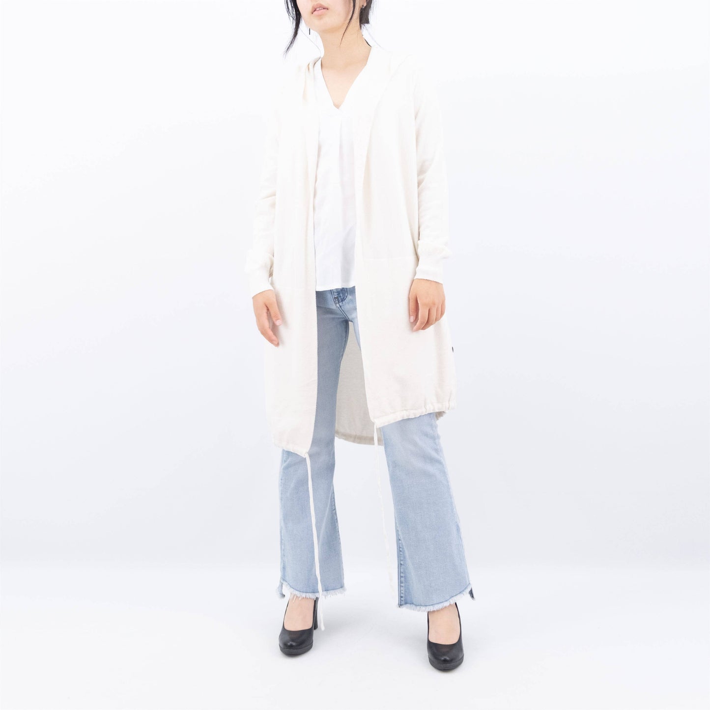 Gilet lungo con cappuccio in maglia morbida