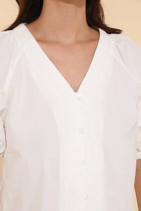 Blusa Bari in cotone con scollo a V e pizzo