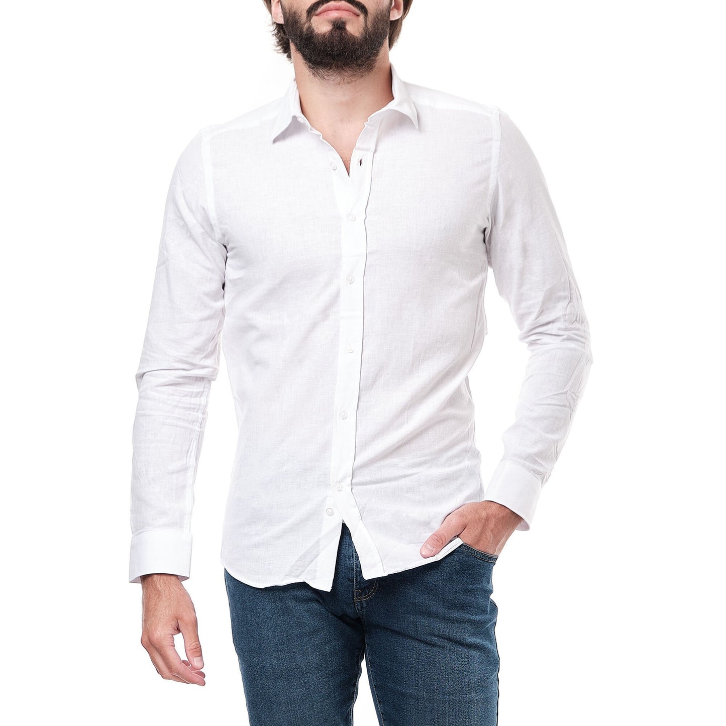Camicia uomo bianca tinta unita in cotone e lino