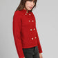 Cardigan in maglia rossa con bottoni dorati e collo alto