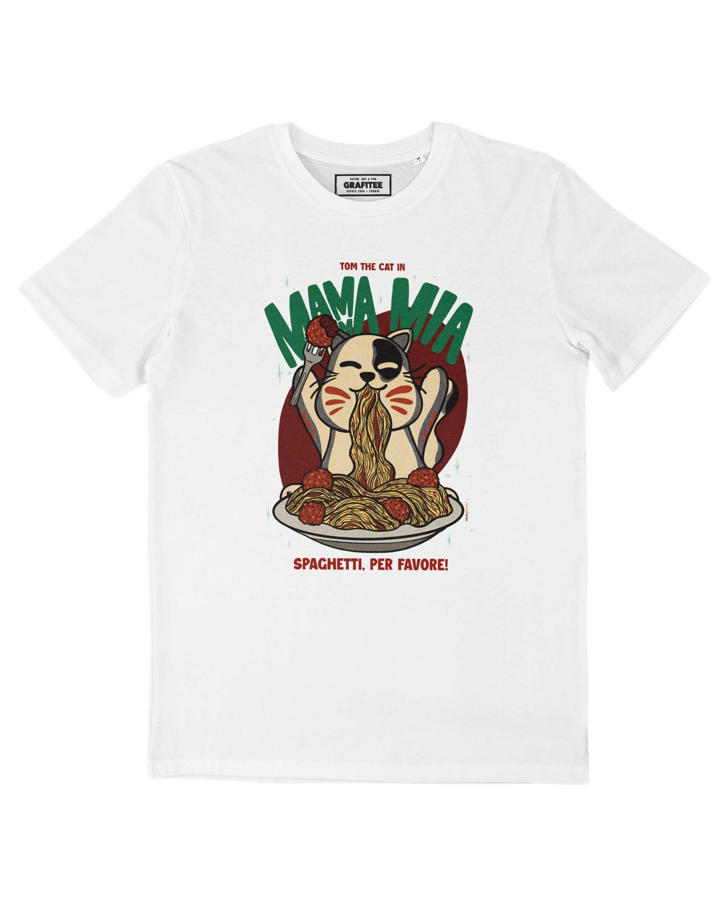 T-shirt unisex in cotone biologico con stampa gatto e spaghetti