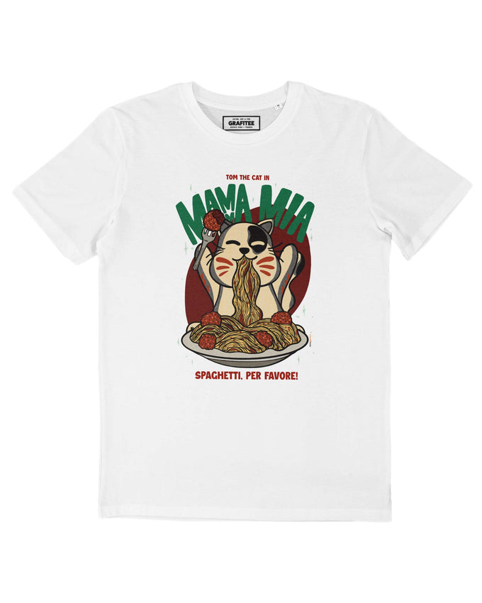 T-shirt unisex in cotone biologico con stampa gatto e spaghetti