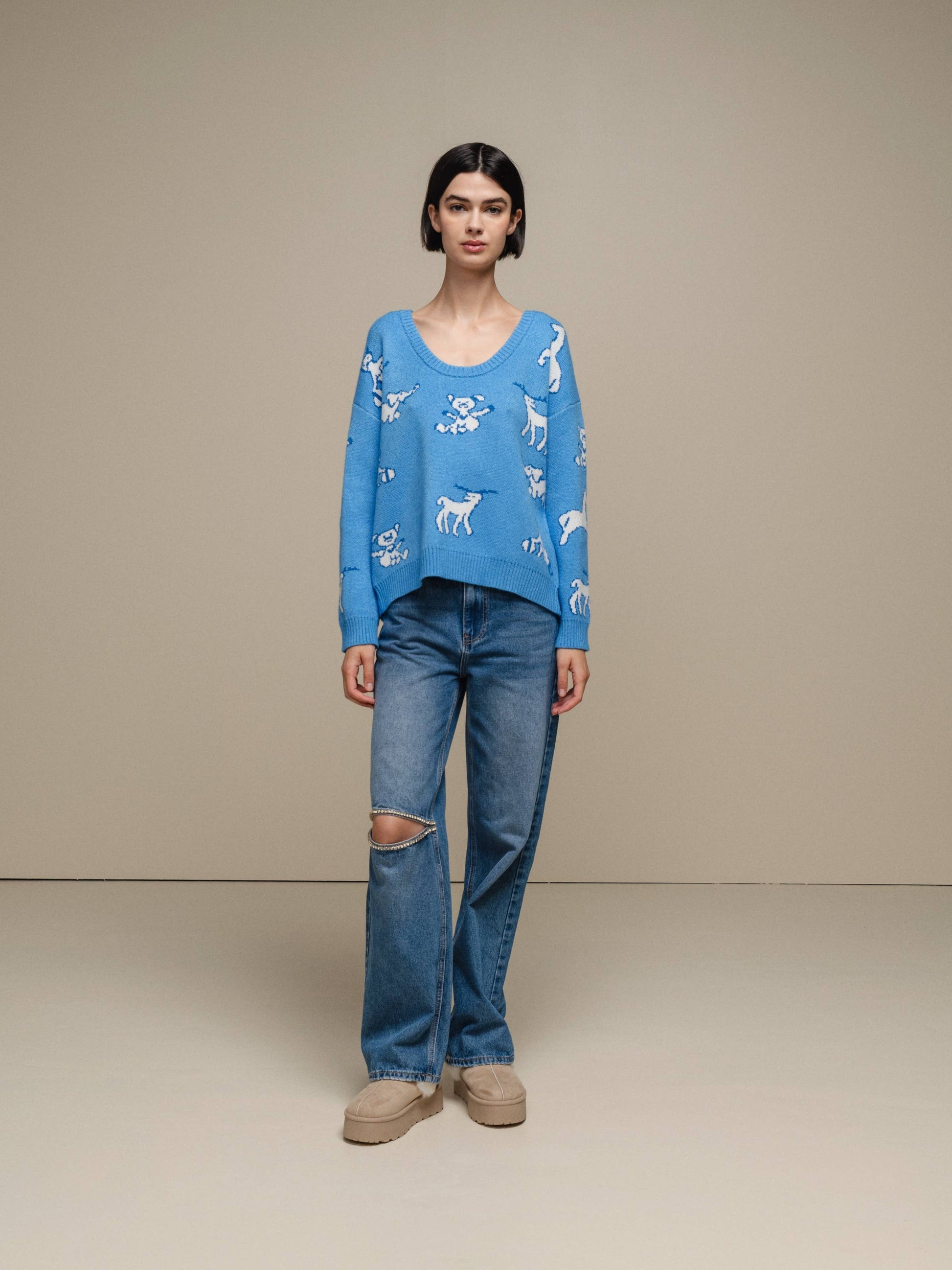 Maglione donna in maglia con fantasia teddy e animali