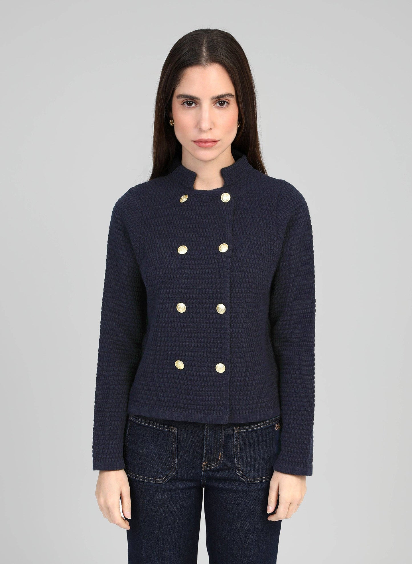 Giacca in maglia blu navy con bottoni dorati