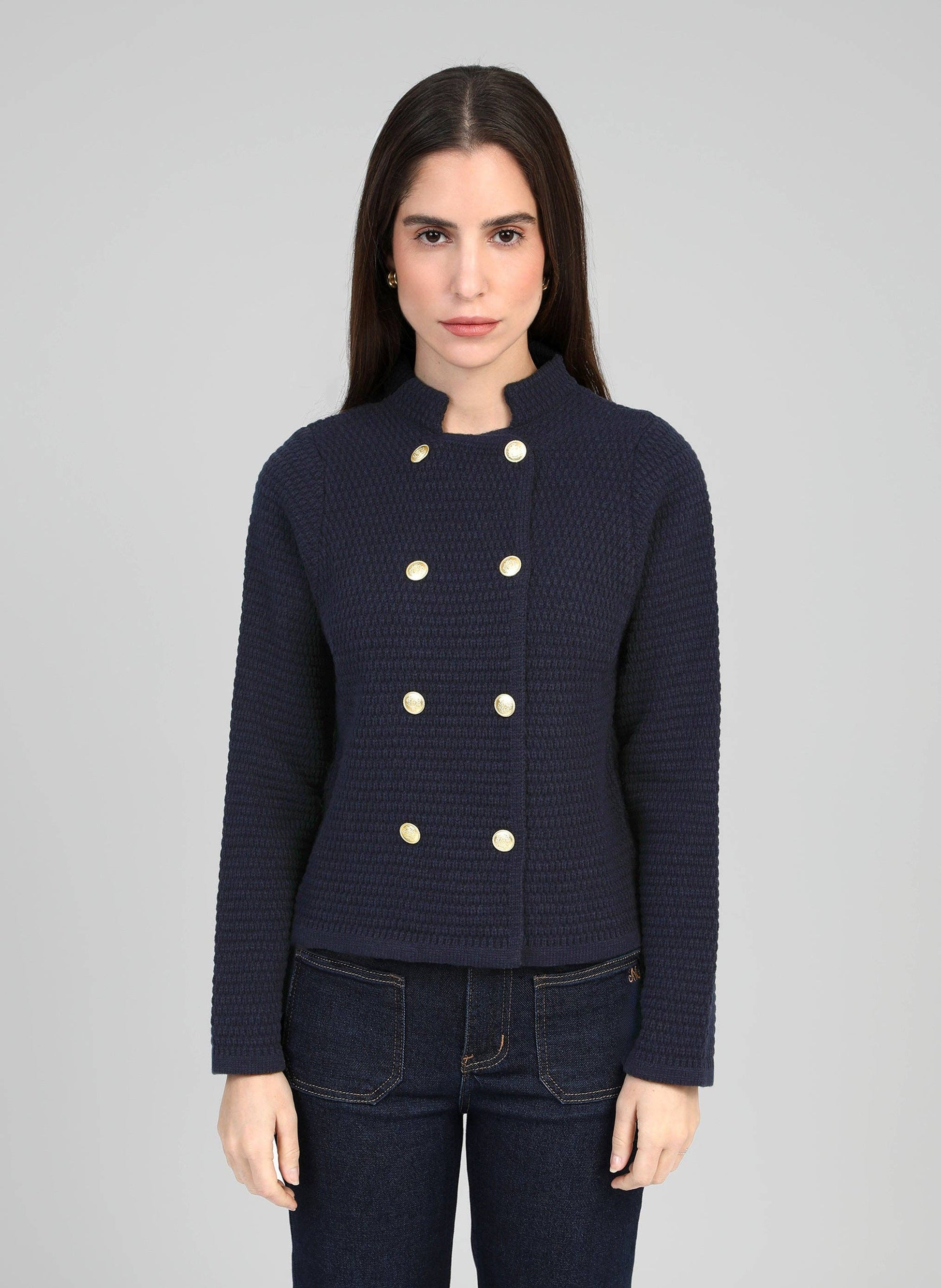 Giacca in maglia blu navy con bottoni dorati