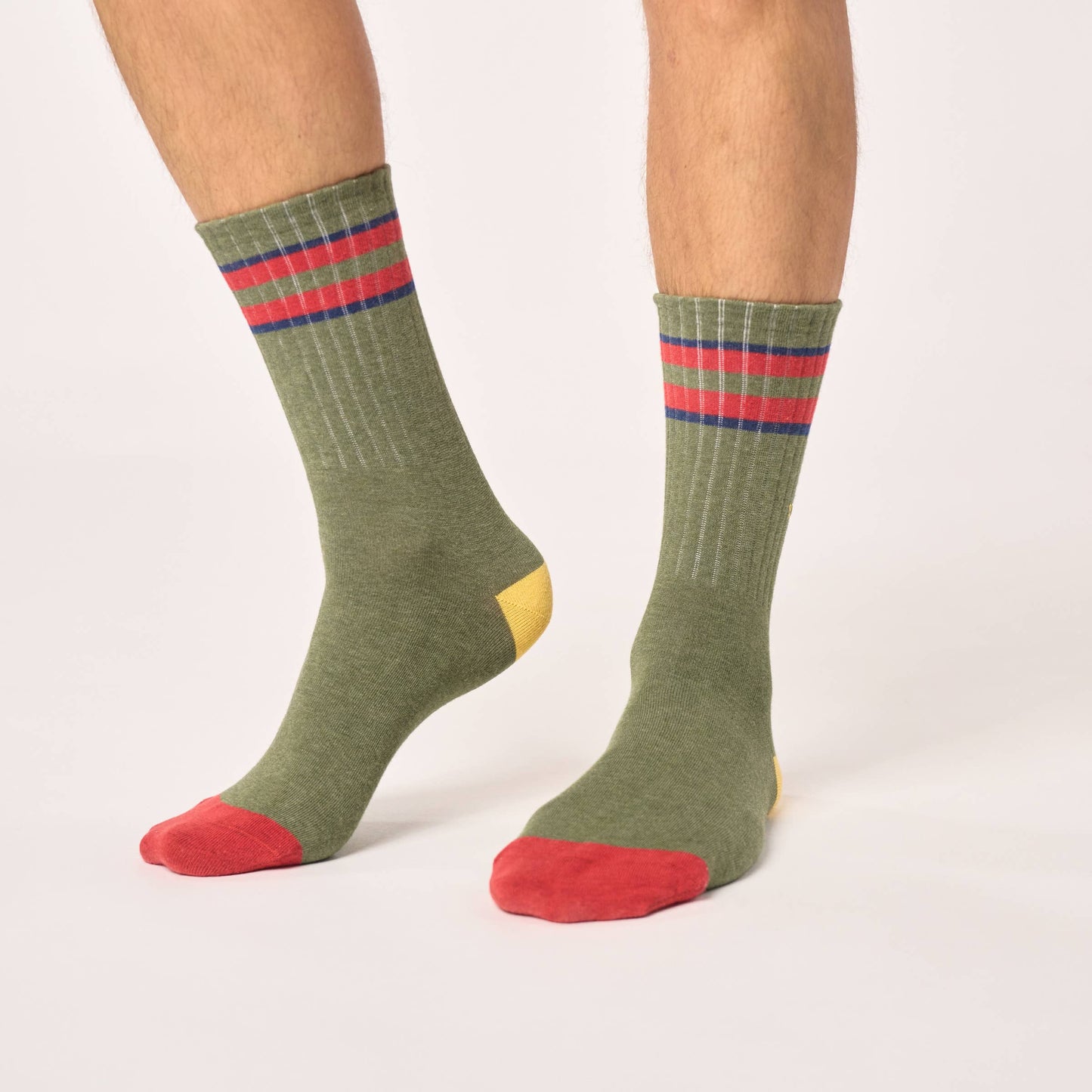 Calzini retrò in cotone pettinato kaki a righe rosse e blu