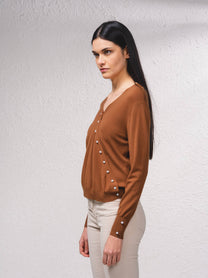Maglione cache-cœur in maglia fine con perle